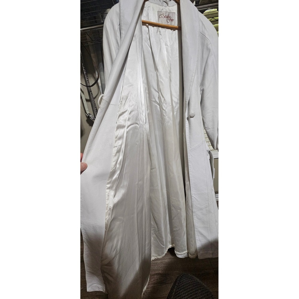 Bizakis Furs Womens White Leather Long Trench Coat Jacket with Belt Size Medium - Picture 4 of 11